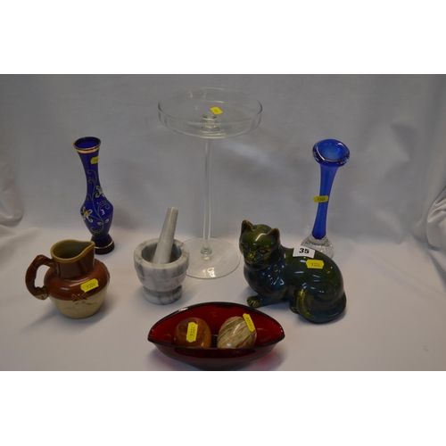 35 - SMALL STONEWARE HARVEST JUG, GLASS CAKE STAND, MARBLE PESTLE AND MORTAR, STONEWARE GLAZED CAT, ETC