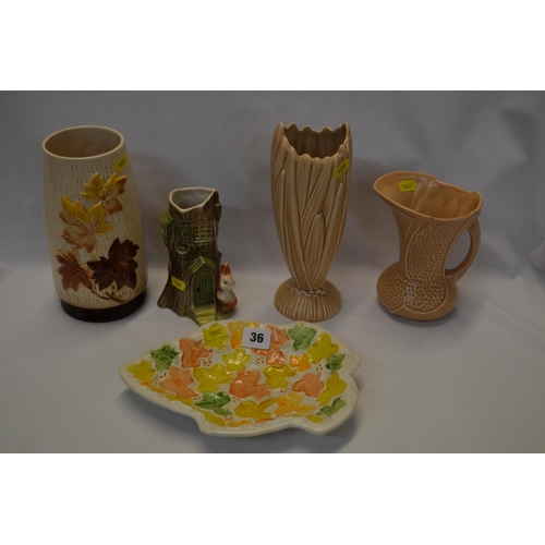 36 - 2 SYLVAC VASES, SYLVAC JUG, SYLVAC DISH AND WITHERNSEA FAUNA VASE