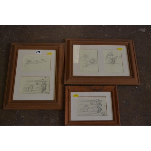 375 - 5 WINNIE THE POOH PRINTS IN 3 PINE FRAMES