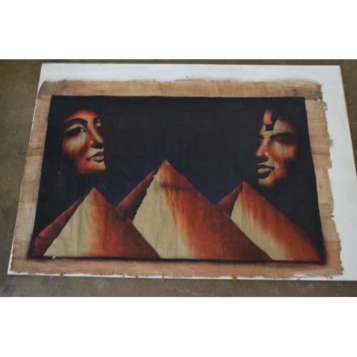 376 - OIL PAINTING ON PAPYRUS OF PYRAMIDS AND FACES 84CM X 53CM