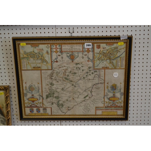 399 - 18TH CENTURY ILLUMINATED MAP OF RUTLANDSHIRE BY JOHAN SPEEDE 50CM X 49CM