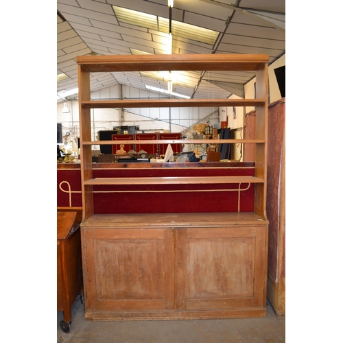 440 - 19TH CENTURY PINE WELSH DRESSER FITTED CUPBOARD AND PLATE RACK OVER  153CM X 37CM X 218CM