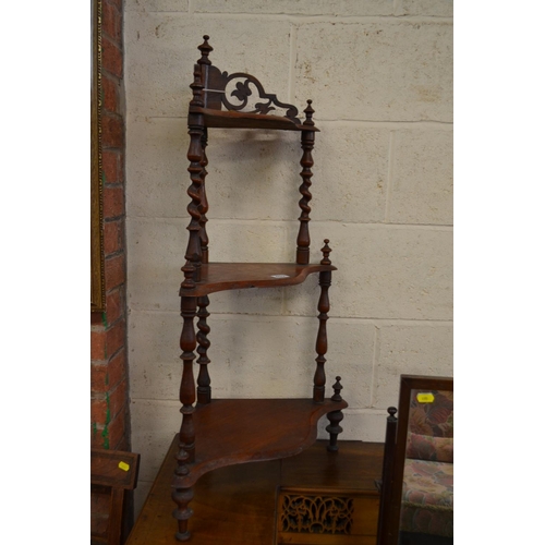 452 - VICTORIAN MAHOGANY 3 TIER CORNER WHATNOT WITH FRETWORK GALLERY