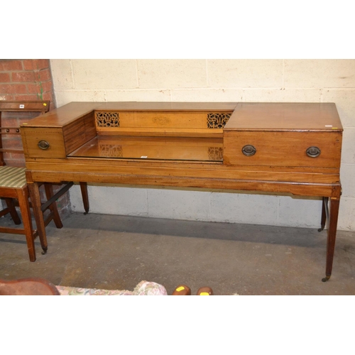 456 - REGENCY INLAID MAHOGANY DRESSING TABLE FITTED 2 DRAWERS, DROP BRASS HANDLES AND ESCUTCHEONS ON SQUAR... 