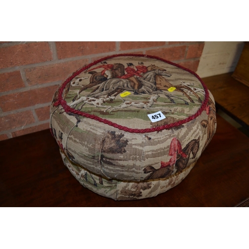 457 - UPHOLSTERED POUFFE DECORATED HUNTING SCENES