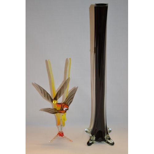 46 - GLASS ANGEL FISH ORNAMENT AND TALL BLACK GLASS BUD VASE