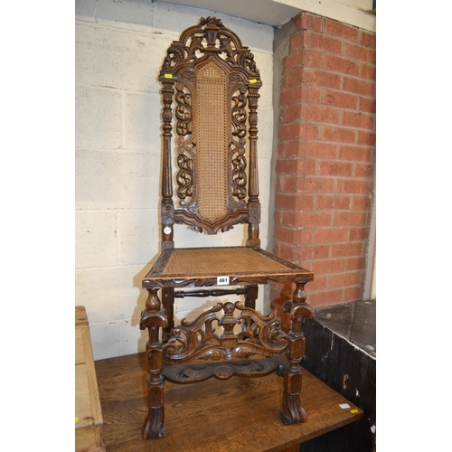 461 - 19TH CENTURY RICHLY CARVED WALNUT HIGH BACK HALL CHAIR WITH CANE PANELLED BACK AND SEAT