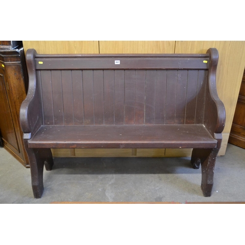 467 - 19TH CENTURY STAINED PINE PEW / SETTLE WITH BOARDED BACK  121CM X 37CM X 91CM