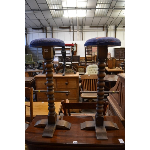 478 - PAIR OF TURNED OAK BAR STOOLS WITH UPHOLSTERED SEATS AND FOOT RESTS