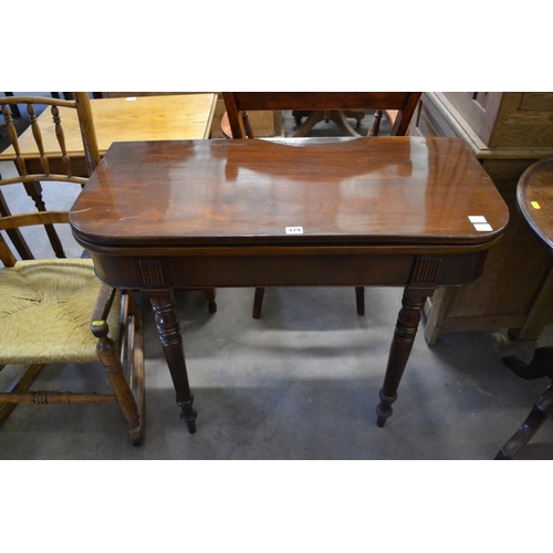 479 - REGENCY MAHOGANY 'D' END FOLD TOP TEA TABLE ON TURNED SUPPORTS 74CM X 42CM X 90CM