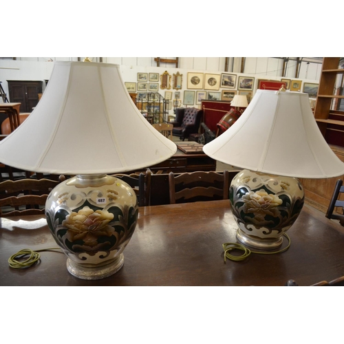 487 - PAIR OF LARGE DECORATIVE CERAMIC TABLE LAMPS AND SHADES