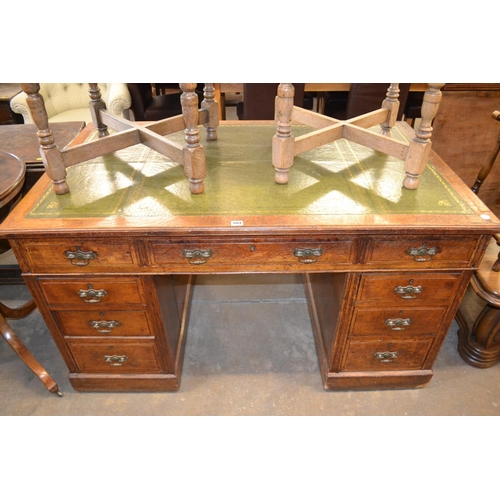 504 - 19TH CENTURY OAK PARTNERS DESK FITTED 18 DRAWERS, DROP BRASS HANDLES AND ESCUTCHEONS, TOOLED LEATHER... 