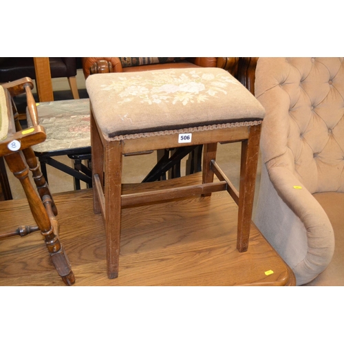 506 - RECTANGULAR MAHOGANY DRESSING STOOL WITH TAPESTRY TOP