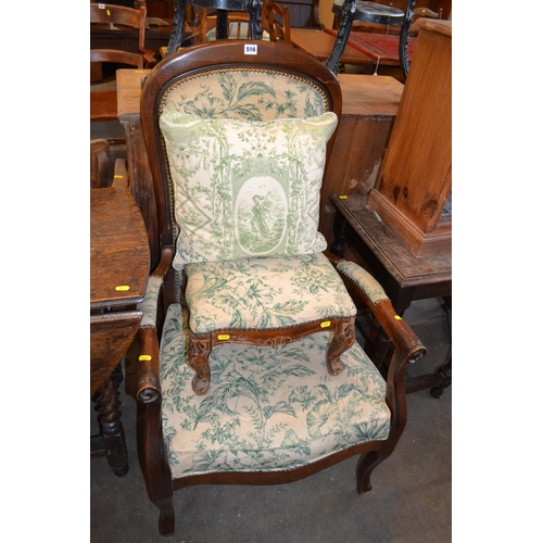 516 - EDWARDIAN MAHOGANY HIGH BACK ARMCHAIR AND STOOL