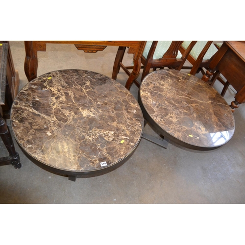 519 - PAIR OF MODERN CIRCULAR MARBLE EFFECT COFFEE TABLES ON METAL BASES 80CM DIAMETER 38CM HIGH