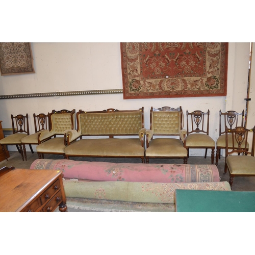 521 - FINE LATE VICTORIAN INLAID ROSEWOOD SALON SUITE COMPRISING 3 SEATER COUCH, 2 ARMCHAIRS, 4 DINING CHA... 