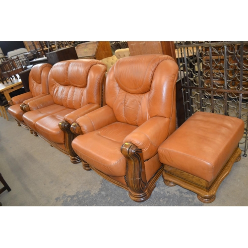 541 - SHRANK OAK AND TAN LEATHER 2 SEATER SETTEE, PAIR OF ARMCHAIRS AND POUFFE