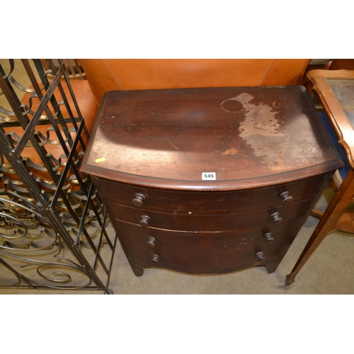 545 - REGENCY MAHOGANY BOW FRONTED COMMODE OF 4 FAUX DRAWERS, ON BALL FEET (MARKED TOP)