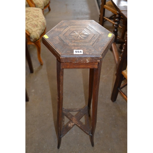 554 - EDWARDIAN HEXAGONAL INLAID OAK JARDINIERE STAND