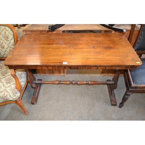 559 - REGENCY ROSEWOOD CENTRE TABLE ON TRESTLE END SUPPORTS AND TURNED STRETCHER