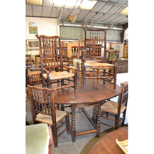 568 - 18TH CENTURY OVAL OAK GATE LEG DINING TABLE ON BARLEYTWIST SUPPORTS AND PLAIN STRETCHERS AND SET OF ... 