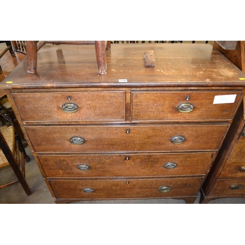 570 - GEORGIAN OAK CHEST OF 5 DRAWERS, DROP BRASS HANDLES AND ESCUTCHEONS ON BALL FEET