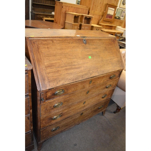 572 - GEORGIAN MAHOGANY BUREAU FITTED INTERIOR DRAWER AND PIGEON HOLES, FALL FLAP, 4 DRAWERS UNDER, DROP B... 