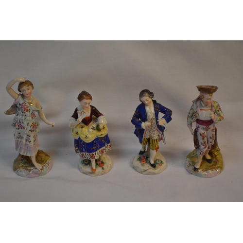 59 - PAIR OF GERMAN 19TH CENTURY FIGURINES (A/F) AND PAIR OF CHELSEA STYLE FIGURINES (GOLD ANCHOR MARK) (... 