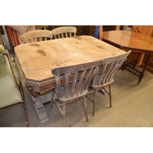 598 - VICTORIAN JACOBEAN STYLE OAK REFECTORY DINING TABLE; A/F AND SET OF 4 SLAT BACK WINDSOR DINING CHAIR... 