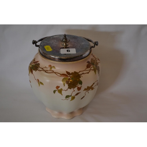 6 - VICTORIAN CHINA BISCUIT BARREL WITH ENTWINED BRANCH AND FORAL DECORATION