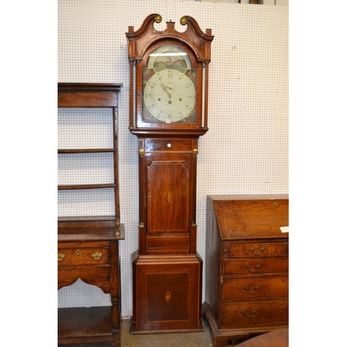 612 - EARLY 19TH CENTURY GRANDFATHER CLOCK WITH PAINTED ARCH DIAL, MOON ROLLER, IN INLAID MAHOGANY CASE, B... 