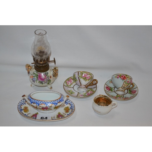 64 - PAIR OF MINIATURE TEACUPS AND SAUCERS , TILLEY LAMP, ETC