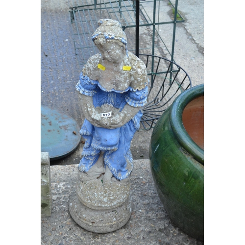 673 - PAINTED STONEWARE GARDEN STATUE OF LADY WITH DOVE 84CM HIGH