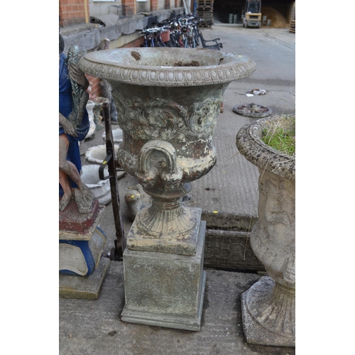 680 - LARGE STONEWARE GARDEN URN ON PLINTH (ONE HANDLED BROKEN BUT THERE) 120CM HIGH X 64CM DIAMETER