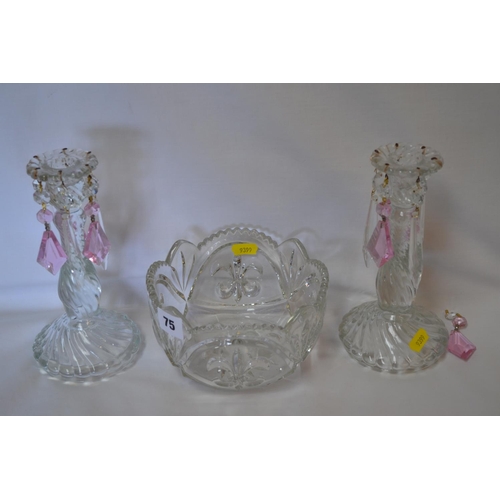 75 - PAIR OF GLASS CANDLESTICKS WITH PINK TINTED DROPS AND MOULDED BOWL