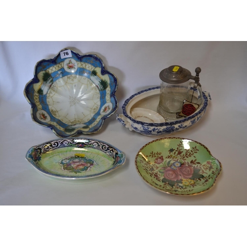 76 - 2 MALING BOWLS, DECORATED DISH, GLASS BEERSTEIN, ETC