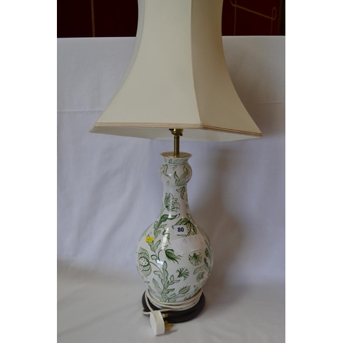 80 - BULBOUS GREEN AND WHITE PORCELAIN TABLE LAMP DECORATED LEAVES AND FLOWERS WITH SHADE