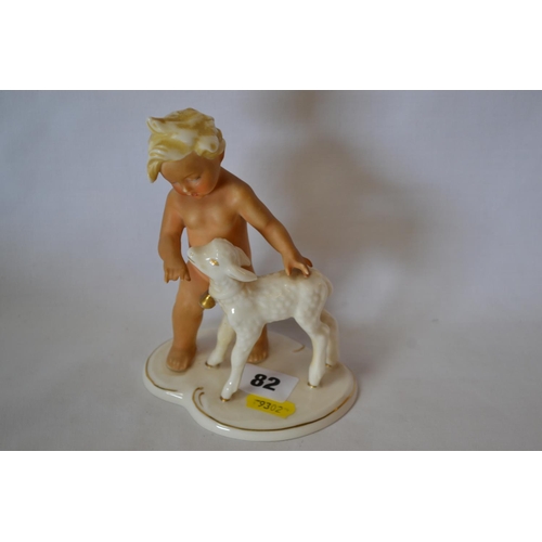 82 - SCHAUBACH KUNST GERMANY PORCELAIN GROUP OF CHILD WITH LAMB (16CM)