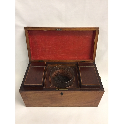 196 - REGENCY MAHOGANY TEA CADDY WITH FRUITWOOD STRINGING, FITTED 2 CONTAINERS AND CENTRAL CUT GLASS BOWL,... 