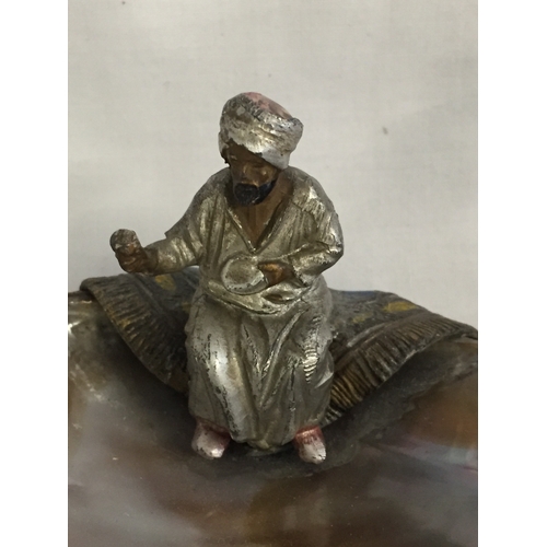 321 - MOTHER-OF-PEARL SHELL / DISH WITH COLD METAL FIGURE SEATED ON SIDE