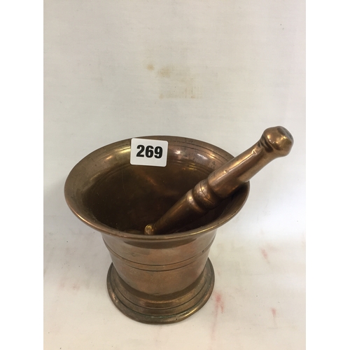 269 - 19TH CENTURY BRONZE PESTLE AND MORTAR