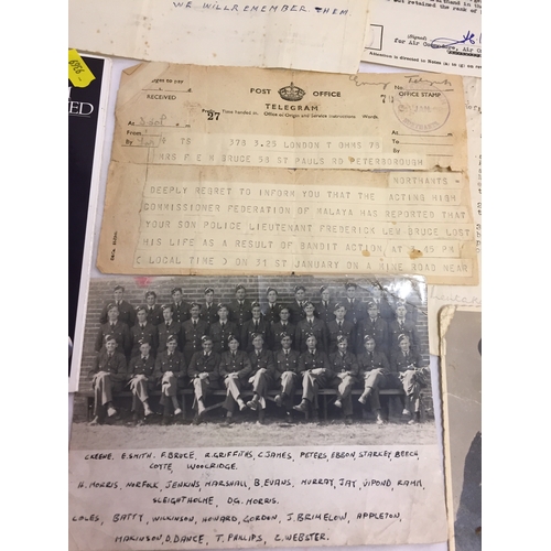 365 - QUANTITY OF EPHEMERA RELATING TO MR FREDERICK LEW BRUCE INCLUDING DEATH TELEGRAM, MALAYAN POLICE NOT... 