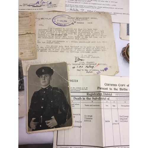 365 - QUANTITY OF EPHEMERA RELATING TO MR FREDERICK LEW BRUCE INCLUDING DEATH TELEGRAM, MALAYAN POLICE NOT... 