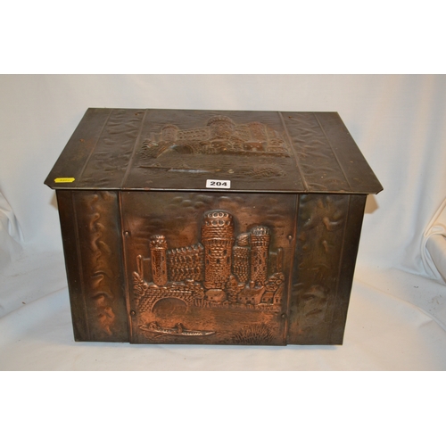 206 - EDWARDIAN BEATEN COPPER COAL BOX EMBOSSED CASTLES WITH FITTED LINER