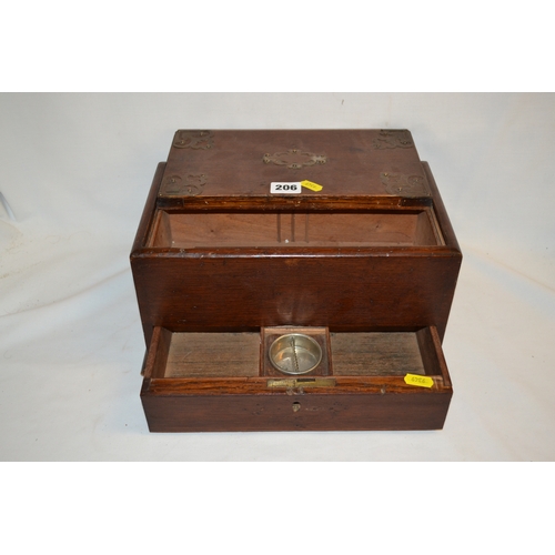 204 - 19TH CENTURY OAK HUMIDOR WITH BRASS STRAPWORK DECORATION, SLIDING TOP, FITTED DRAWER