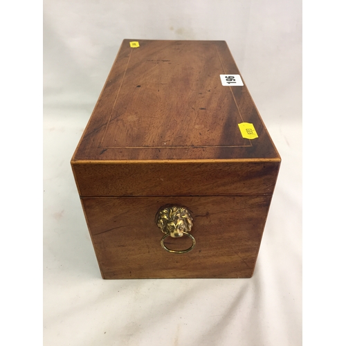 196 - REGENCY MAHOGANY TEA CADDY WITH FRUITWOOD STRINGING, FITTED 2 CONTAINERS AND CENTRAL CUT GLASS BOWL,... 