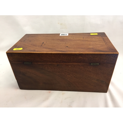 196 - REGENCY MAHOGANY TEA CADDY WITH FRUITWOOD STRINGING, FITTED 2 CONTAINERS AND CENTRAL CUT GLASS BOWL,... 