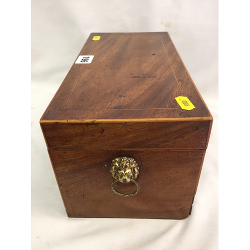 196 - REGENCY MAHOGANY TEA CADDY WITH FRUITWOOD STRINGING, FITTED 2 CONTAINERS AND CENTRAL CUT GLASS BOWL,... 