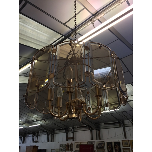 245 - RETRO TINTED GLASS AND BRASS SIX BRANCH CENTRE LIGHT