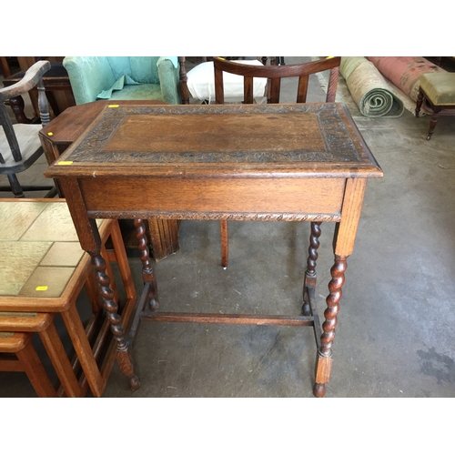 594 - EDWARDIAN RECTANGULAR STAND WITH CARVED BORDER AND BARLEY TWIST SUPPORTS